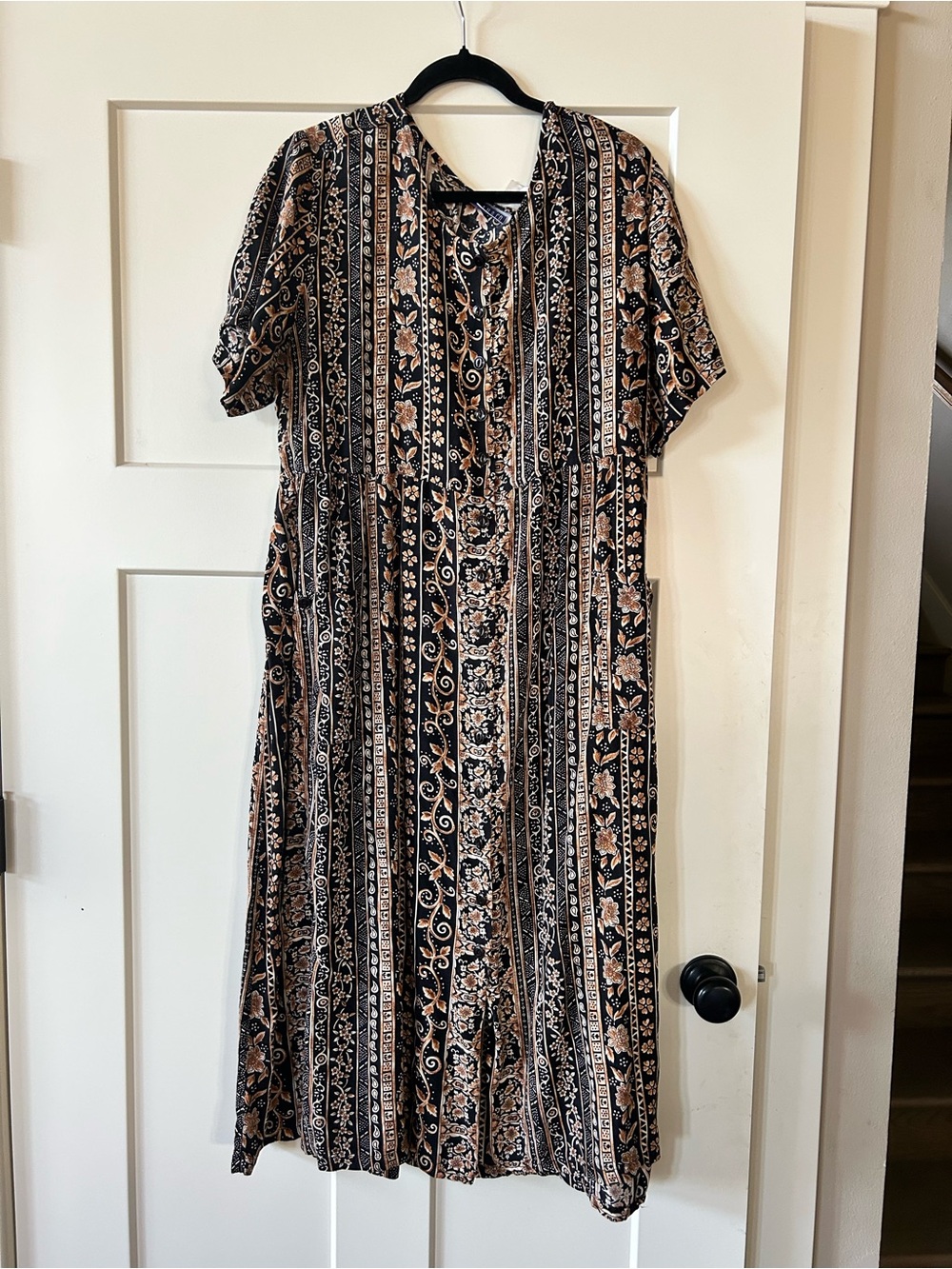 Vintage 90s Y2K Boho Black Floral Stripe Midi Dress